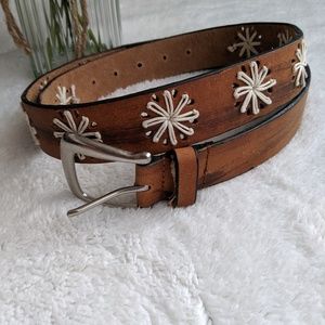 Brown Leather Belt with Star Embroidery